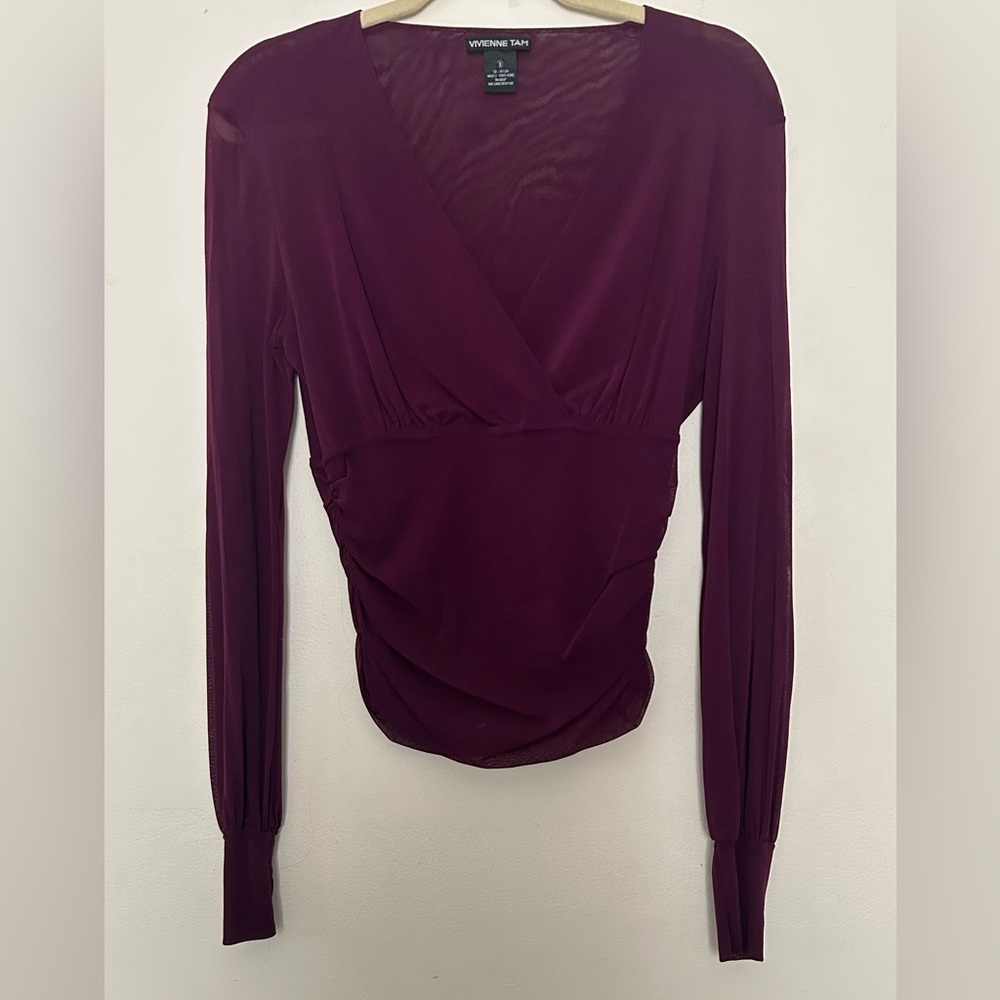 Vivienne Tam Women's Long Sleeve V Neck Burgundy Top Mesh Double Layer medium
